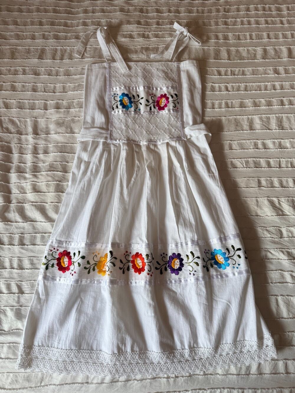 Vintage Handmade White Embroidered Floral Dress Crochet Boho Folk Tie Strap